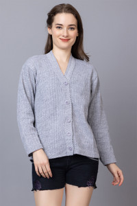 Wearlusso Self Design V Neck Casual Women Grey Sweater