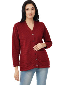 urban rock Self Design V Neck Casual Women Maroon Sweater