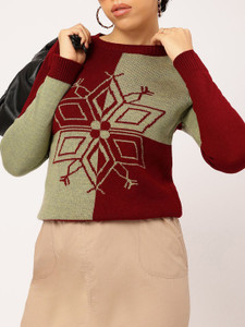 Dressberry Self Design Round Neck Casual Women Maroon Sweater