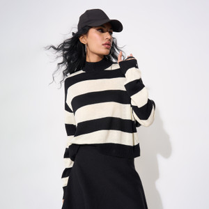 SF Jeans by Pantaloons Women Striped Round Neck White Sweater - Image 1