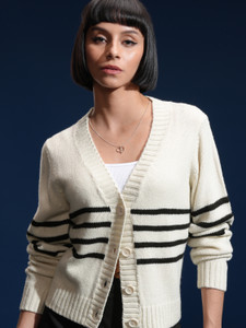 Tokyo Talkies Self Design V Neck Casual Women White Sweater