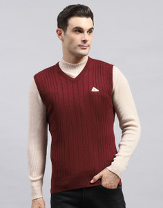 MONTE CARLO Self Design V Neck Casual Men Maroon Sweater