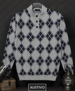 Austivo Printed High Neck Casual Men Grey Sweater