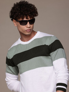 Roadster Striped Round Neck Casual Men White, Green Sweater