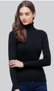 RAKEEBA Striped High Neck Casual Women Black Sweater