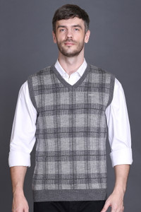 GODFREY Checkered V Neck Casual Men Grey Sweater