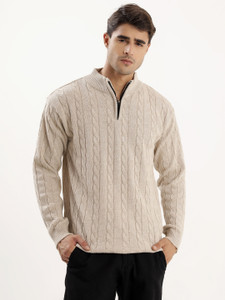 kveto Men Self Design High Neck Beige Sweater - Image 1