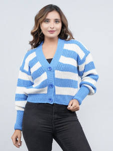FEVERFEW Striped V Neck Party Women Multicolor Sweater