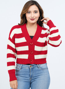 FEVERFEW Striped V Neck Party Women Red Sweater