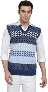 MUSKAN KNITWEAR Checkered V Neck Casual Men Black Sweater