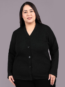 hifzaa Self Design V Neck Casual Women Black Sweater