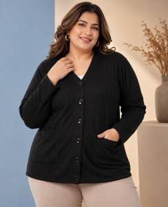 LE ARC Self Design V Neck Casual Women Black Sweater