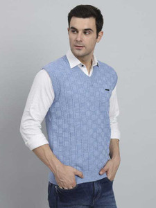MUSKAN KNITWEAR Self Design Formal Men Blue Sweater