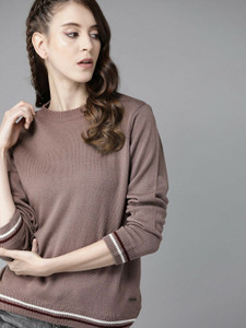 Roadster Solid Round Neck Casual Women Brown Sweater
