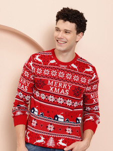 Mast & Harbour Self Design Round Neck Casual Men Red Sweater
