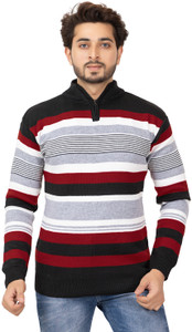 ColorChakra Striped Collared Neck Casual Men Red Sweater