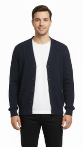 VOMAZO Solid V Neck Formal Men Dark Blue Sweater