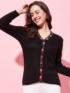 Modeve Floral Print V Neck Casual Women Black Sweater