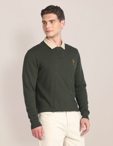 U.S. POLO ASSN. Self Design Crew Neck Casual Men Green Sweater