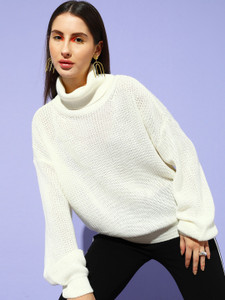 STREET9 Self Design High Neck Casual Women White Sweater