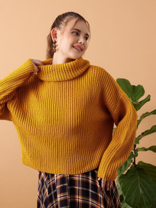 STREET9 Woven High Neck Casual Women Yellow Sweater