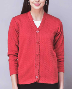 HIMANSHI Solid V Neck Casual Women Red Sweater