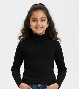 S-Square Solid Turtle Neck Casual Boys & Girls Black Sweater