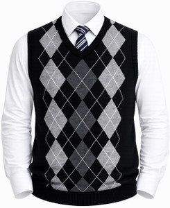 LE ARC Argyle V Neck Casual Men Black Sweater