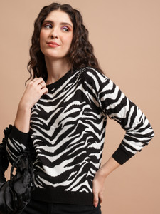 Tokyo Talkies Printed Round Neck Casual Women Black Sweater