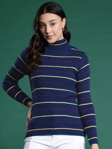 Dressberry Striped Turtle Neck Casual Women Blue Sweater