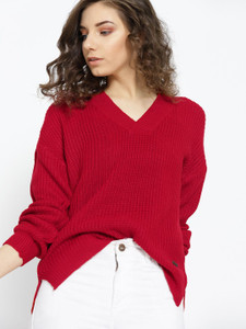 Roadster Solid V Neck Casual Women Red Sweater