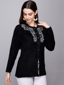 eWools Embroidered Round Neck Casual Women Black Sweater