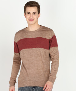 PARK AVENUE Colorblock Crew Neck Casual Men Orange Sweater