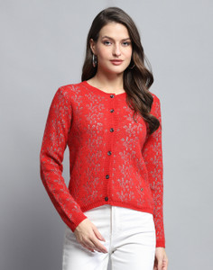 MONTE CARLO Self Design Round Neck Casual Women Red Sweater