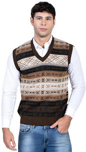 MUSKAN KNITWEAR Printed V Neck Casual Men Brown Sweater