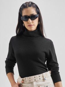 Tokyo Talkies Solid Turtle Neck Casual Women Black Sweater