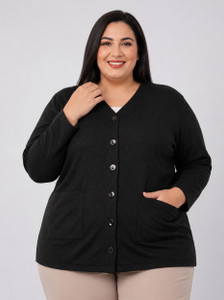 LE ARC Self Design V Neck Casual Women Black Sweater