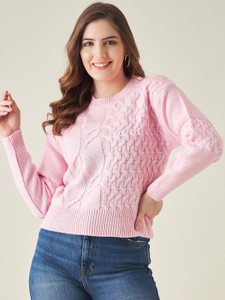 Modeve Self Design Round Neck Casual Women Pink Sweater