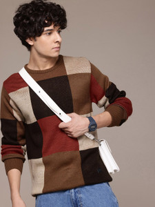 Roadster Checkered Round Neck Casual Men Brown Sweater