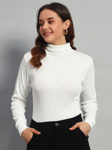 BLACK BLINK Self Design High Neck Casual Women White Sweater