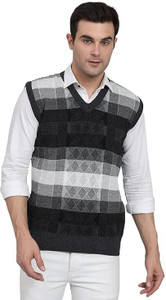 MUSKAN KNITWEAR Checkered V Neck Formal Men Grey, Black Sweater