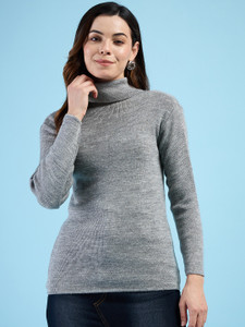 Oishee Solid High Neck Casual Women Grey Sweater
