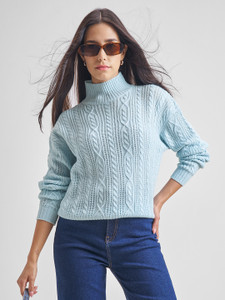 Tokyo Talkies Self Design Turtle Neck Casual Women Blue Sweater