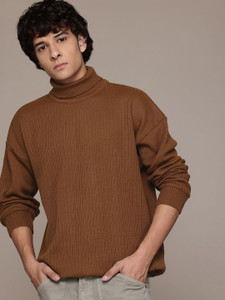 Roadster Self Design Turtle Neck Casual Men Brown Sweater
