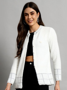 eWools Self Design V Neck Casual Women White Sweater