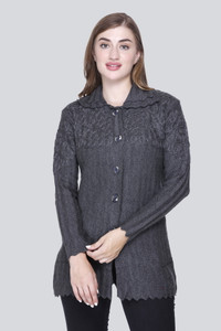CURIOUS FASHION Embroidered Collared Neck Casual Women Grey Sweater