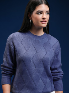 Tokyo Talkies Geometric Print Crew Neck Casual Women Blue Sweater