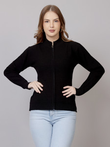 FEVERFEW Self Design High Neck Casual Women Black Sweater