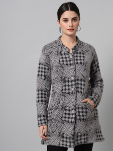 eWools Printed Collared Neck Casual Women Grey Sweater