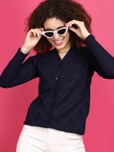 V-MART Solid V Neck Casual Women Blue, Blue Sweater